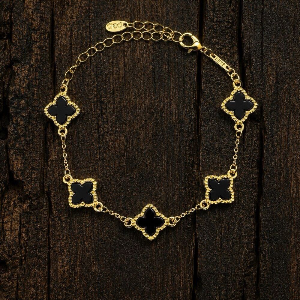Gold Black Four Leaf Clover Bracelet Lucky Charm